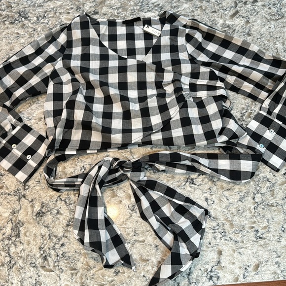 Soncy | Black & White Gingham Tie Waist Long Button Sleeve Wrap Shirt Size 12 - Picture 5 of 15